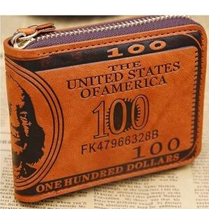 Brown Leather Wallet with Dollar Print
